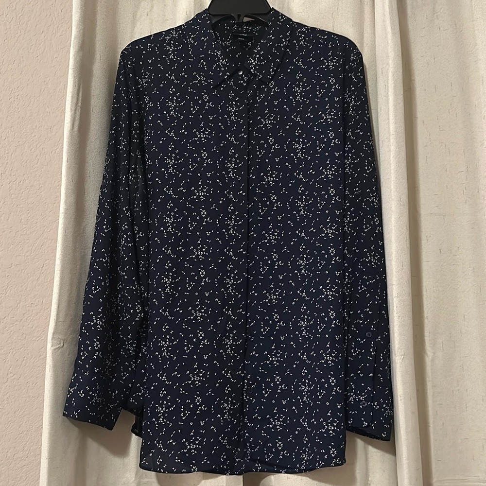 Mossimo Long Sleeve Button Down Dark Blue Patterned Blouse - Size XXL